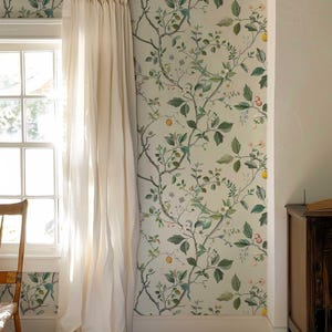 Japanese Wallpaper, Removable Floral Mural, Flower Peel and Stick Wallpaper, Neutral Flower and Fruit Wall covering, Nursery Wall Decor