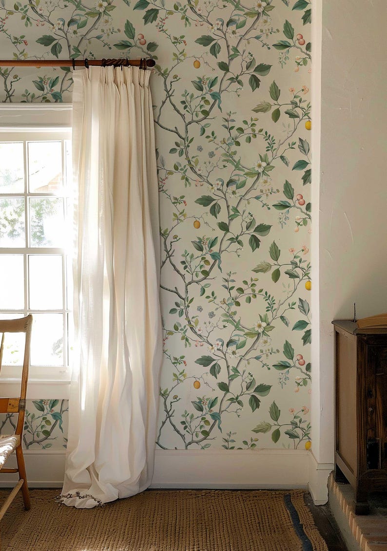 Japanese Wallpaper, Removable Floral Mural, Flower Peel and Stick Wallpaper, Neutral Flower and Fruit Wall covering, Nursery Wall Decor