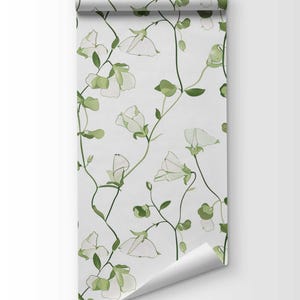 Timeless floral wallpaper featuring sweet pea flowers intertwined with leaf vines for a soft and inviting atmosphere.