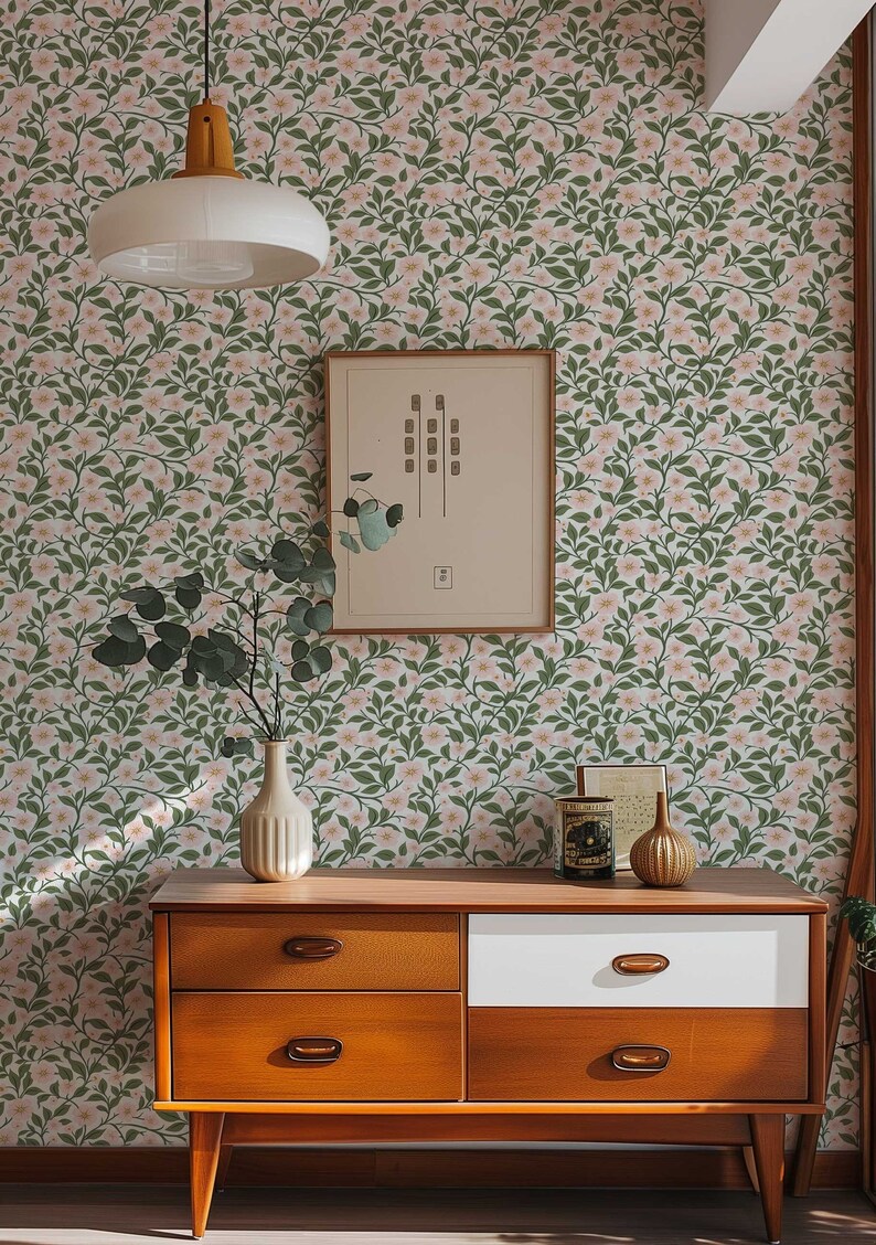 Preppy wallpaper, Peel and Stick Floral wall mural, Vintage Flower wallpaper, Coquette Room Decor , Botanical wallpaper