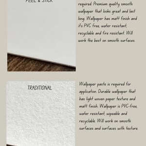 以下が含まれることがあります： WALLPAPER INFOと題された2種類の壁紙を比較するインフォグラフィック。PEEL & STICKのセクションは滑らかな白い表面で、PVCフリー、耐水性、リサイクル可能、耐火性であると記載。TRADITIONALのセクションは質感のある白い表面で、PVCフリー、耐水性、拭き取り可能であると記載。