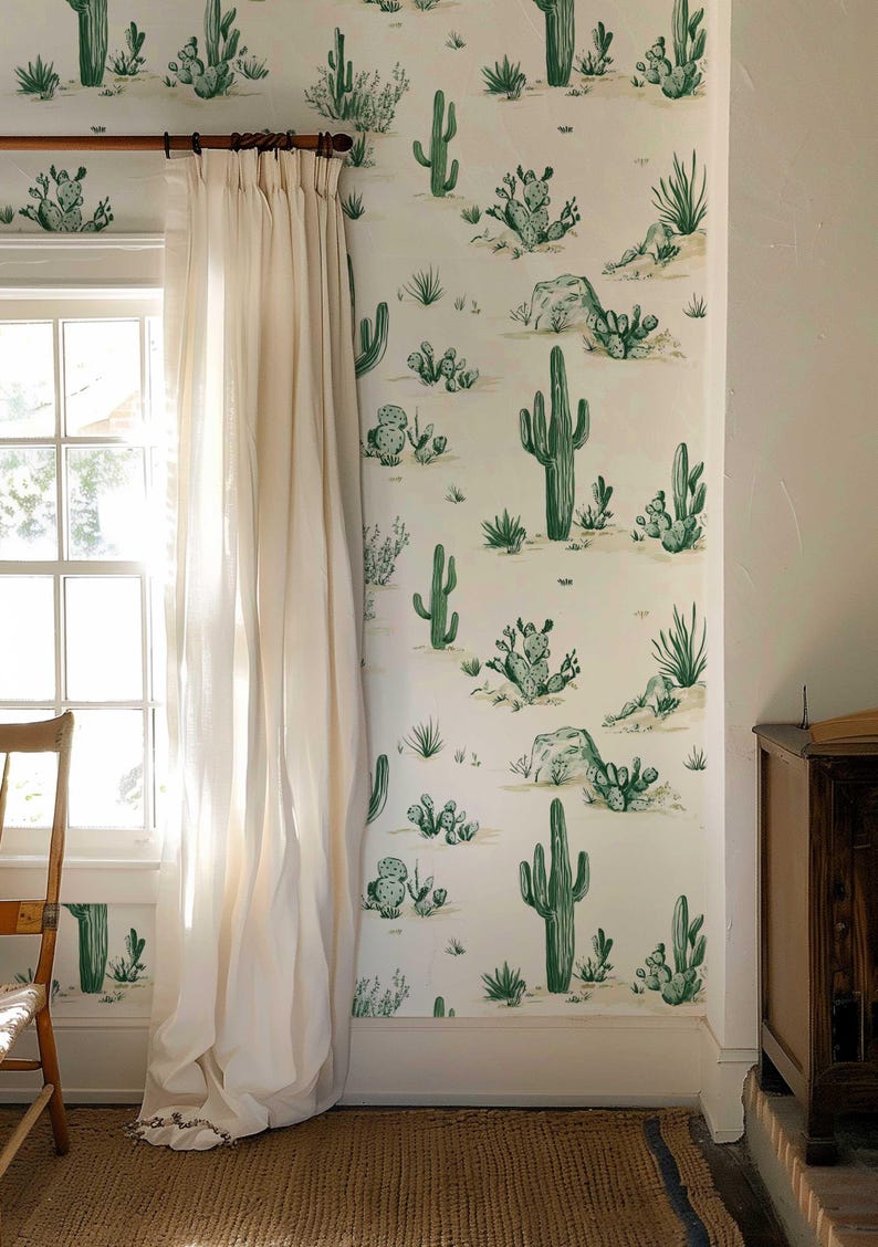 Retro Cactus Wallpaper Mural: Peel and Stick Wild West Wall Decor PV297 ...