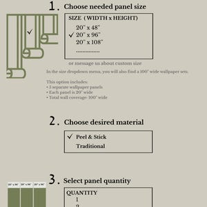 May include: An informational graphic titled ORDERING with three steps for selecting wallpaper. It lists panel sizes in inches, material options including Peel & Stick, and panel quantity. It includes illustrations of wallpaper rolls and panels.