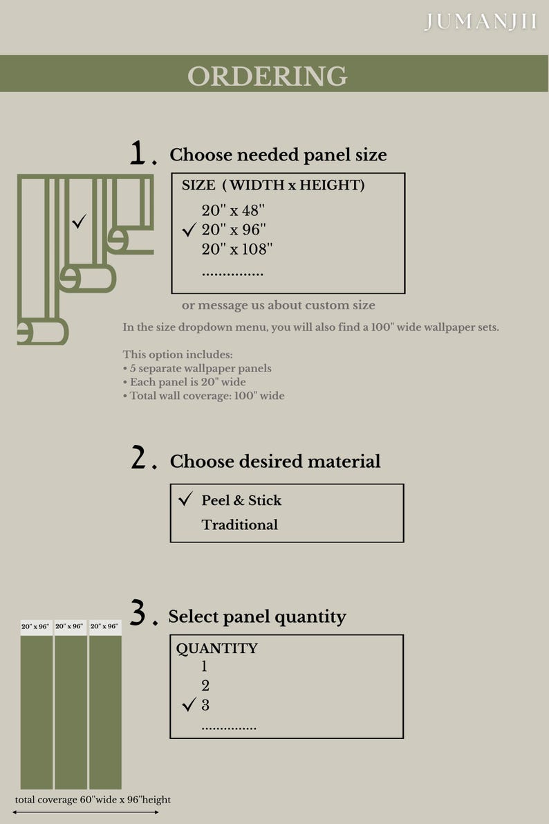 May include: An informational graphic titled ORDERING with three steps for selecting wallpaper. It lists panel sizes in inches, material options including Peel & Stick, and panel quantity. It includes illustrations of wallpaper rolls and panels.