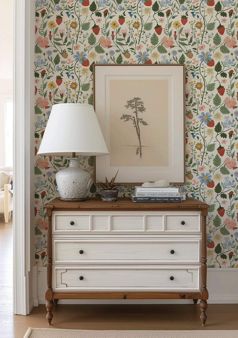 Vintage Strawberry Wildflower Wallpaper, Peel and Stick Wall Mural ...