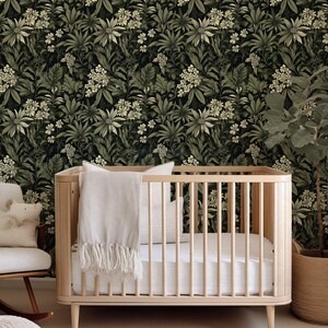 Dark Botanical Peel and Stick Wallpaper, Removable Moody Leaf Wall Mural, Green Gothic Wall Art, Removable Renters Wallpaper