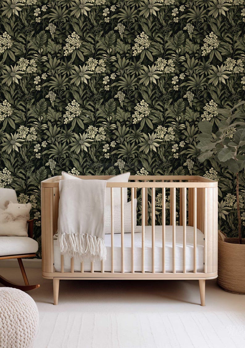 Dark Botanical Peel and Stick Wallpaper, Removable Moody Leaf Wall Mural, Green Gothic Wall Art, Removable Renters Wallpaper