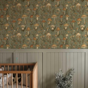 Vintage Mushroom Wallpaper, Retro Forest Mural, Peel and Stick Wallpaper, Botanical Wallpaper, Removable Woodland Wallpaper NF023 image 7