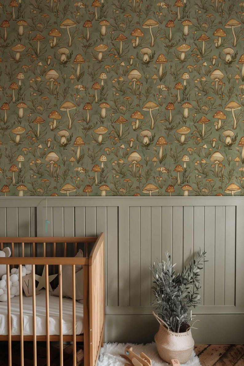 Vintage Mushroom Wallpaper, Retro Forest Mural, Peel and Stick Wallpaper, Botanical Wallpaper, Removable Woodland Wallpaper NF023 image 7