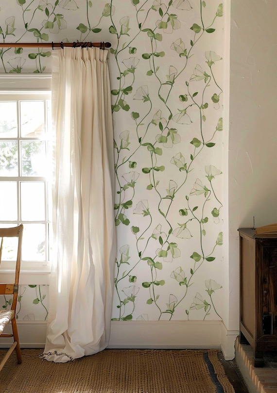 Sweet Pea Floral Wallpaper, Removable Peel and Stick Wall Mural, White Flower Wall Decor, Renter Friendly Temporary Wall covering PV122