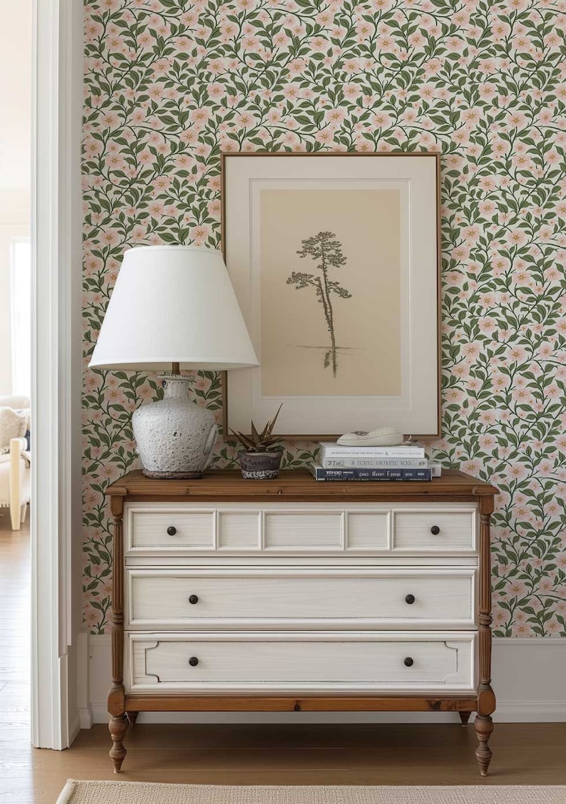 Preppy wallpaper, Peel and Stick Floral wall mural, Vintage Flower wallpaper, Coquette Room Decor , Botanical wallpaper