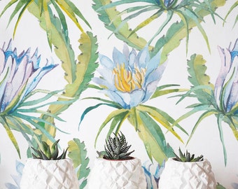 Cacti Flower Wallpaper, Removable Wallpaper, Self-adhesive Wallpaper, Jungle Wall Décor, Jungle Wallcovering - JW011