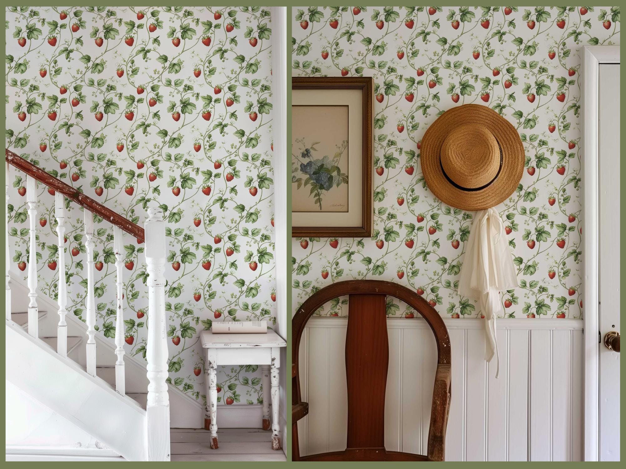 Vintage Strawberry Floral Wallpaper, Cottagecore Peel and Stick Mural ...