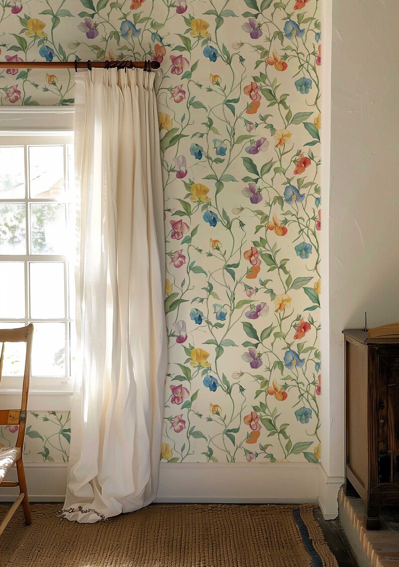 Delicate Sweet Pea Wallpaper - Removable Peel and Stick Flower Wall Mural - Pastel Floral Nursery Art - Cottage Core Leaf Wallpaper