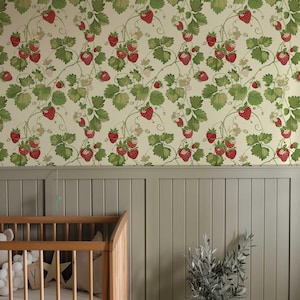 Vintage Strawberries Wallpaper, Retro Floral Peel and Stick Mural Pv279 ...