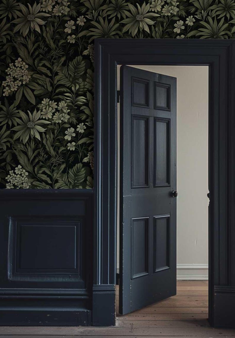 Dark Botanical Peel and Stick Wallpaper, Removable Moody Leaf Wall Mural, Green Gothic Wall Art, Removable Renters Wallpaper