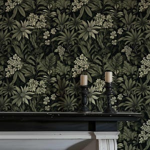 Dark Botanical Peel and Stick Wallpaper, Removable Moody Leaf Wall Mural, Green Gothic Wall Art, Removable Renters Wallpaper