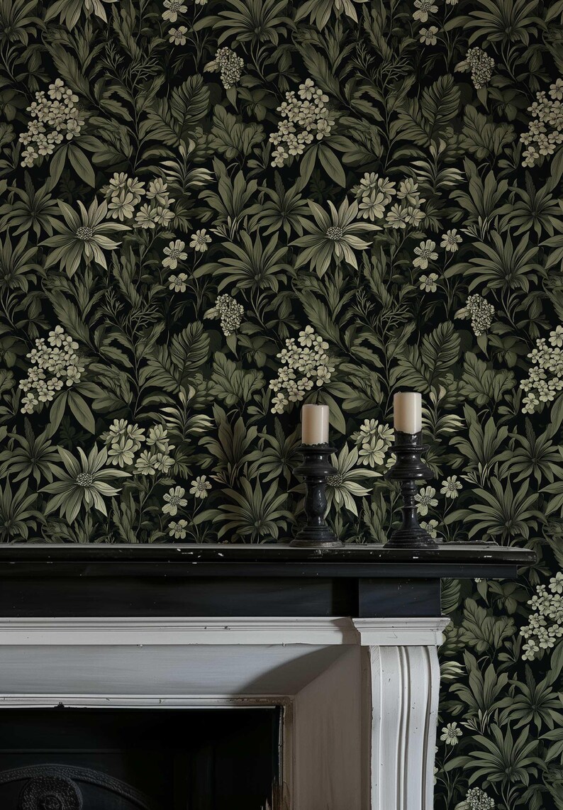 Dark Botanical Peel and Stick Wallpaper, Removable Moody Leaf Wall Mural, Green Gothic Wall Art, Removable Renters Wallpaper