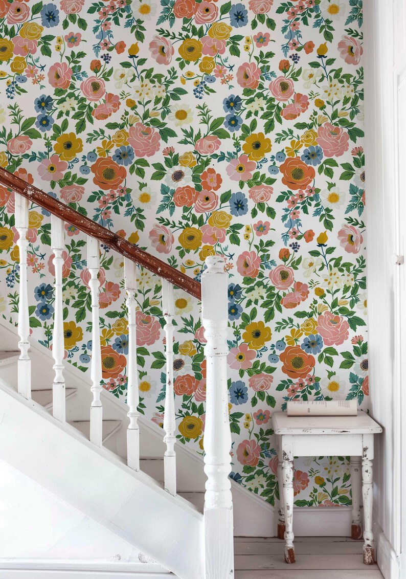 Bright summer flower garden wallpaper with vibrant roses, available in peel and stick and traditional options for an instant room makeover.