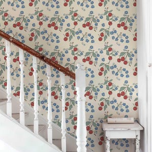 Colorful Wallpaper, Retro Cherry Wall Mural, Temporary Peel and Stick Wallpaper, Botanical Wallpaper, Floral Wallpaper, Fruit Mural