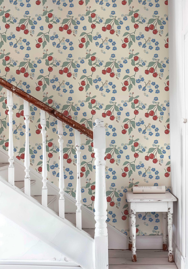 Colorful Wallpaper, Retro Cherry Wall Mural, Temporary Peel and Stick Wallpaper, Botanical Wallpaper, Floral Wallpaper, Fruit Mural