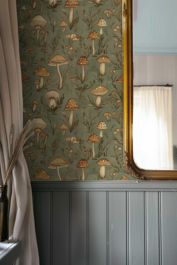Vintage Mushroom Wallpaper, Retro Forest Mural, Peel and Stick Wallpaper, Botanical Wallpaper, Removable Woodland Wallpaper NF023