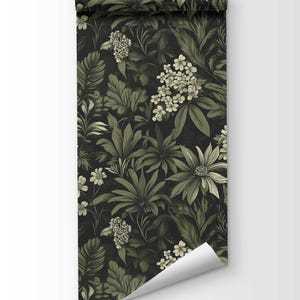 Dark Botanical Peel and Stick Wallpaper, Removable Moody Leaf Wall Mural, Green Gothic Wall Art, Removable Renters Wallpaper