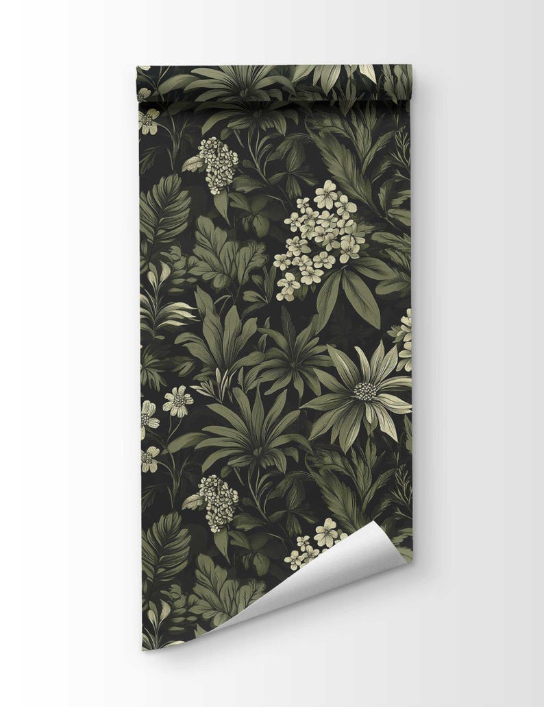 Dark Botanical Peel and Stick Wallpaper, Removable Moody Leaf Wall Mural, Green Gothic Wall Art, Removable Renters Wallpaper