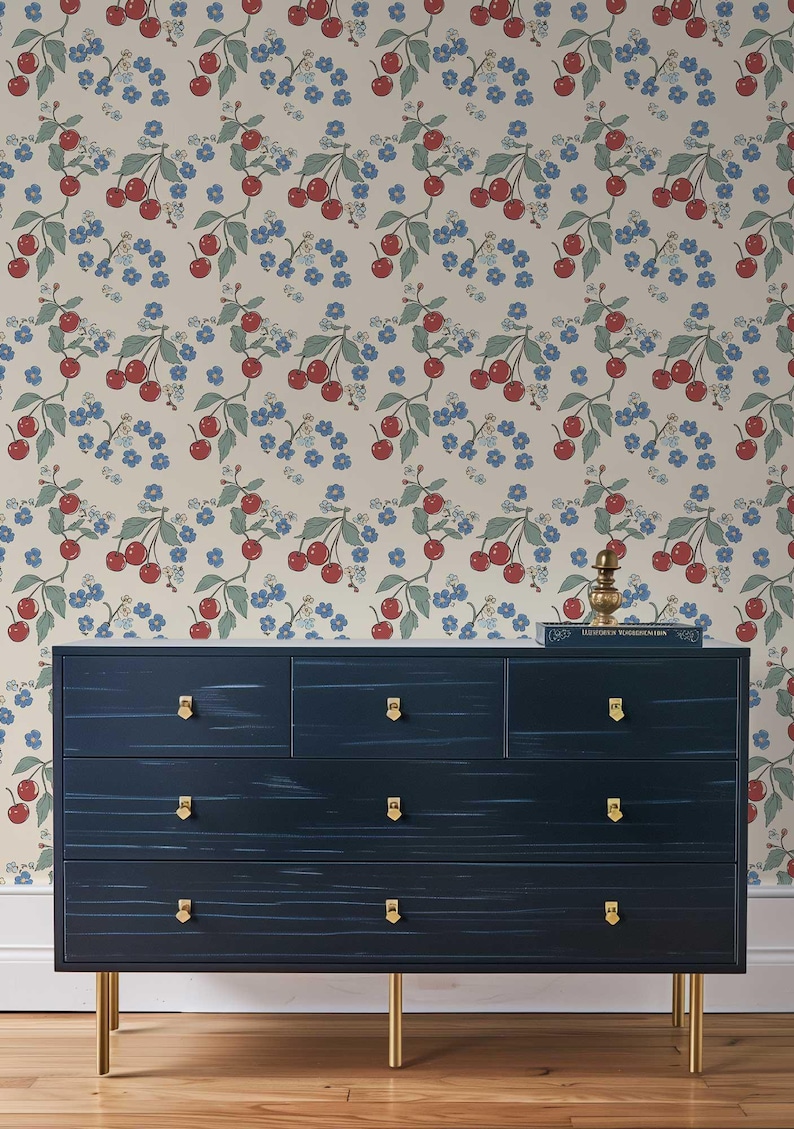 Colorful Wallpaper, Retro Cherry Wall Mural, Temporary Peel and Stick Wallpaper, Botanical Wallpaper, Floral Wallpaper, Fruit Mural