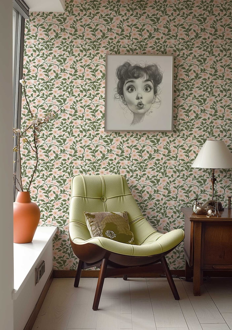 Preppy wallpaper, Peel and Stick Floral wall mural, Vintage Flower wallpaper, Coquette Room Decor , Botanical wallpaper