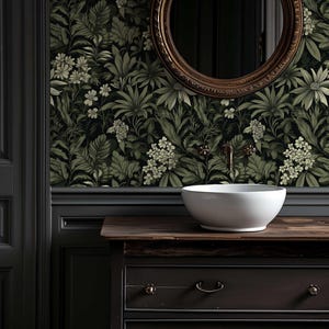 Dark Botanical Peel and Stick Wallpaper, Removable Moody Leaf Wall Mural, Green Gothic Wall Art, Removable Renters Wallpaper