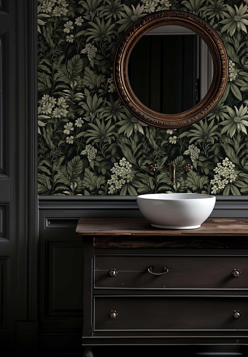 Dark Botanical Peel and Stick Wallpaper, Removable Moody Leaf Wall Mural, Green Gothic Wall Art, Removable Renters Wallpaper