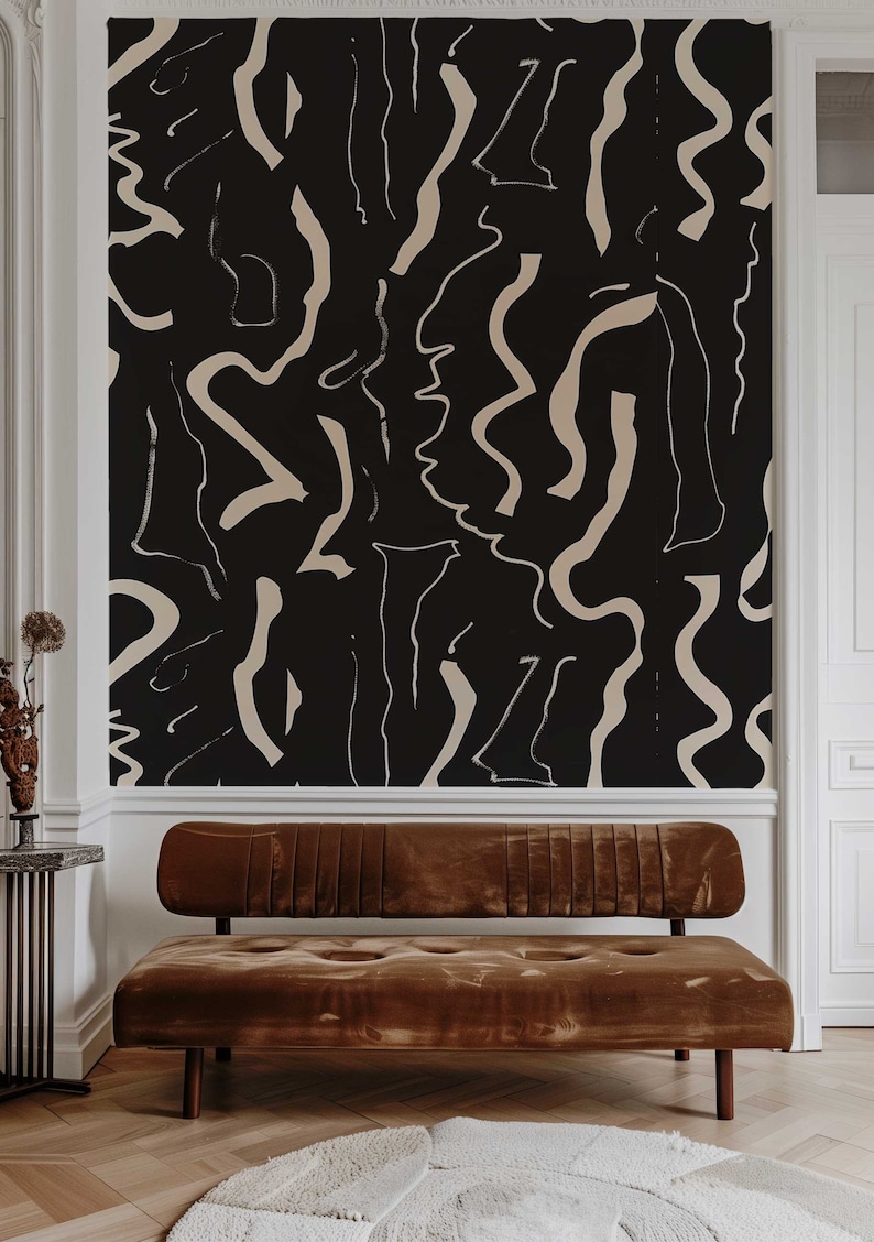 Bold Black and White Peel and Stick Wallpaper, Abstract Line Wall Mural, Modern Monochrome Wall Art, Removable Renters Wallpaper 159 image 3