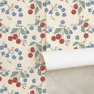 Colorful Wallpaper, Retro Cherry Wall Mural, Temporary Peel and Stick Wallpaper, Botanical Wallpaper, Floral Wallpaper, Fruit Mural