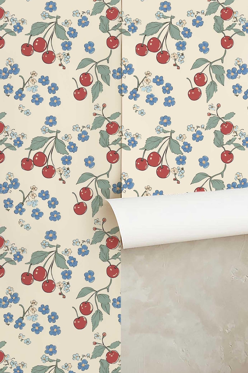 Colorful Wallpaper, Retro Cherry Wall Mural, Temporary Peel and Stick Wallpaper, Botanical Wallpaper, Floral Wallpaper, Fruit Mural