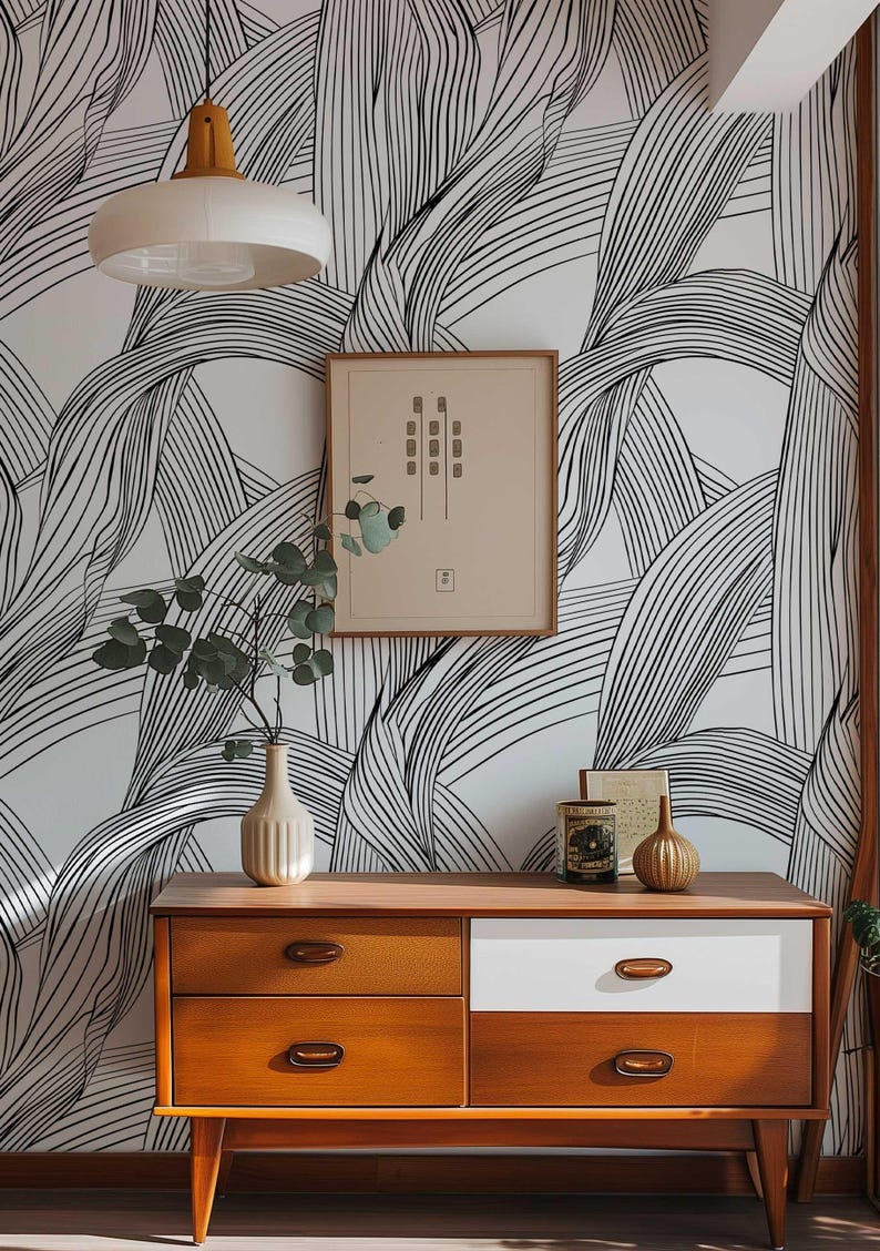 Black and white wallpaper for contemporary rooms.
Renters-friendly geometric line wall covering.