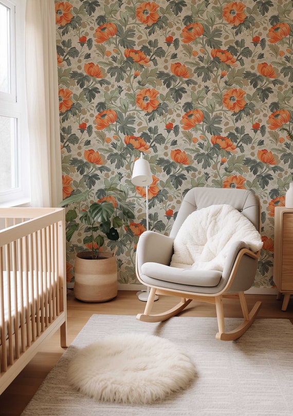 Vintage Poppy Flower Peel and Stick Wallpaper, Removable Rental friendly Wall art, Retro Floral Mural, Temporary Boho bedroom Wallpaper 038