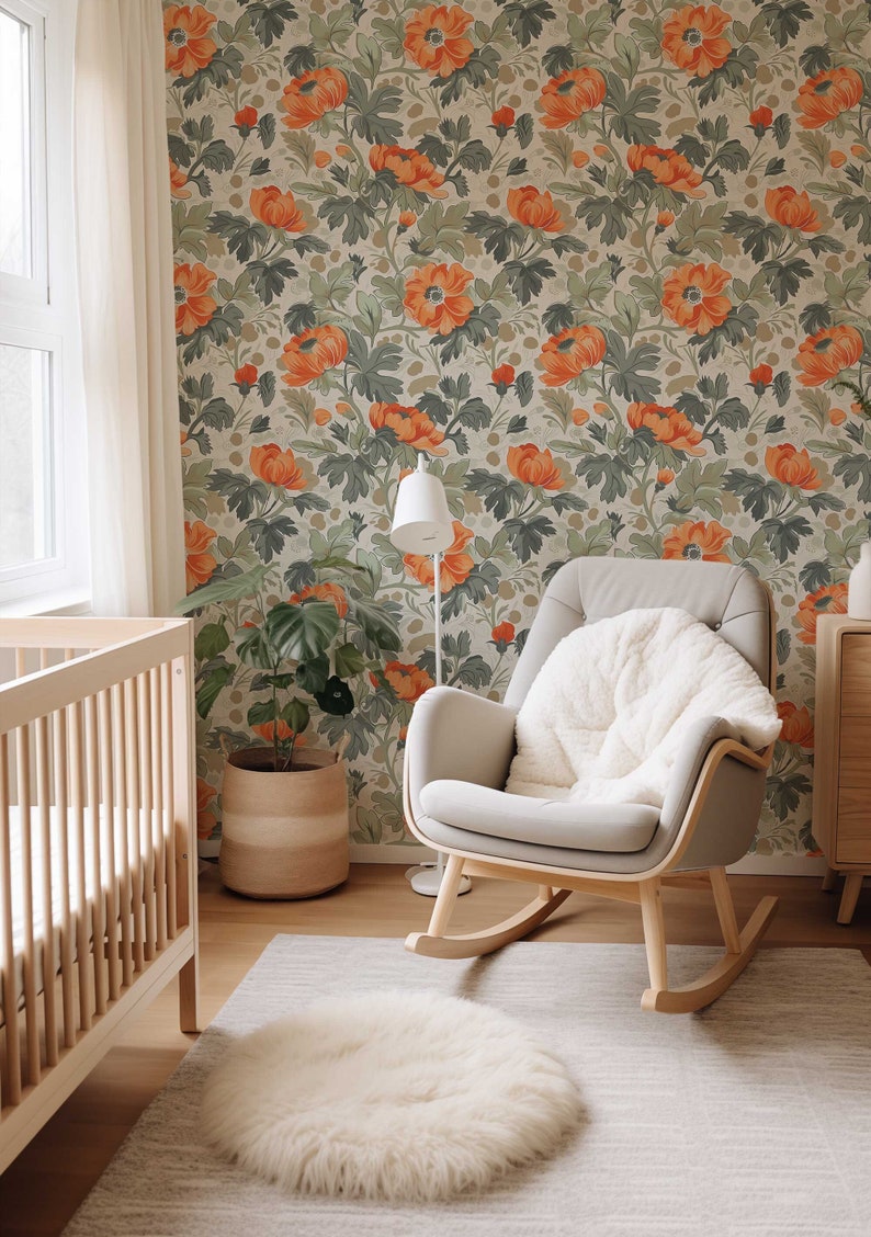 Vintage Flower Peel and Stick Wallpaper, Removable Rental friendly Wall art, Retro Floral Mural, Temporary Boho Wallpaper