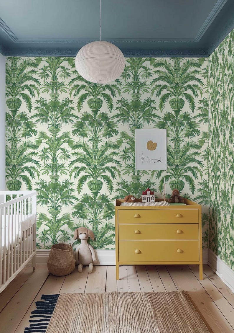 Green exotic wall covering with palm leaf design