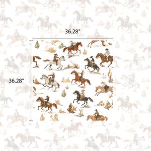 May include: A white background with a repeating pattern of cowboys riding horses. The cowboys are wearing brown hats and brown jackets. The horses are brown and white. The pattern is 36.28 inches by 36.28 inches.