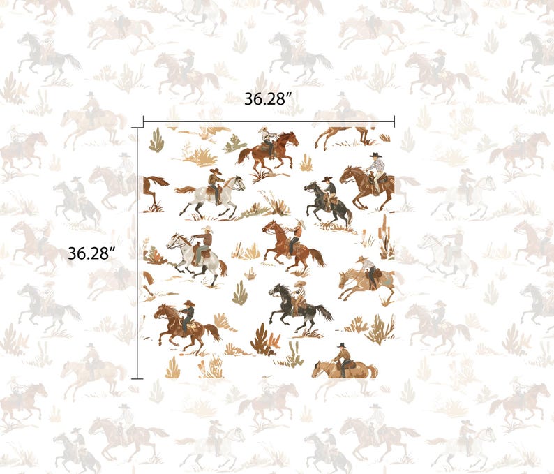 May include: A white background with a repeating pattern of cowboys riding horses. The cowboys are wearing brown hats and brown jackets. The horses are brown and white. The pattern is 36.28 inches by 36.28 inches.