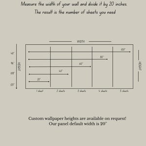 May include: An instructional diagram titled MEASURE THE WALL by JUMANJII. It features a chart showing wall width divided by 20 inches to determine the number of sheets needed, with a grid illustrating widths from 20 to 100 inches and heights from 48 to 120 inches.