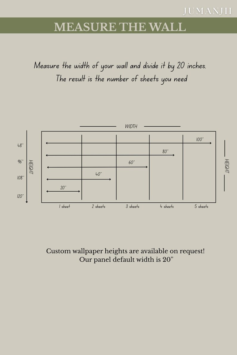 May include: An instructional diagram titled MEASURE THE WALL by JUMANJII. It features a chart showing wall width divided by 20 inches to determine the number of sheets needed, with a grid illustrating widths from 20 to 100 inches and heights from 48 to 120 inches.