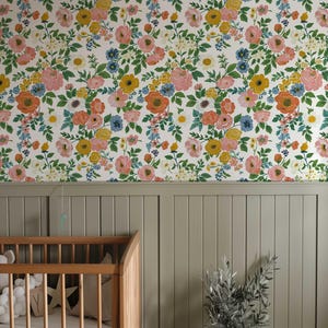 Bright and cheerful wallpaper showcasing a summer flower garden with vibrant roses, perfect for brightening up any room.