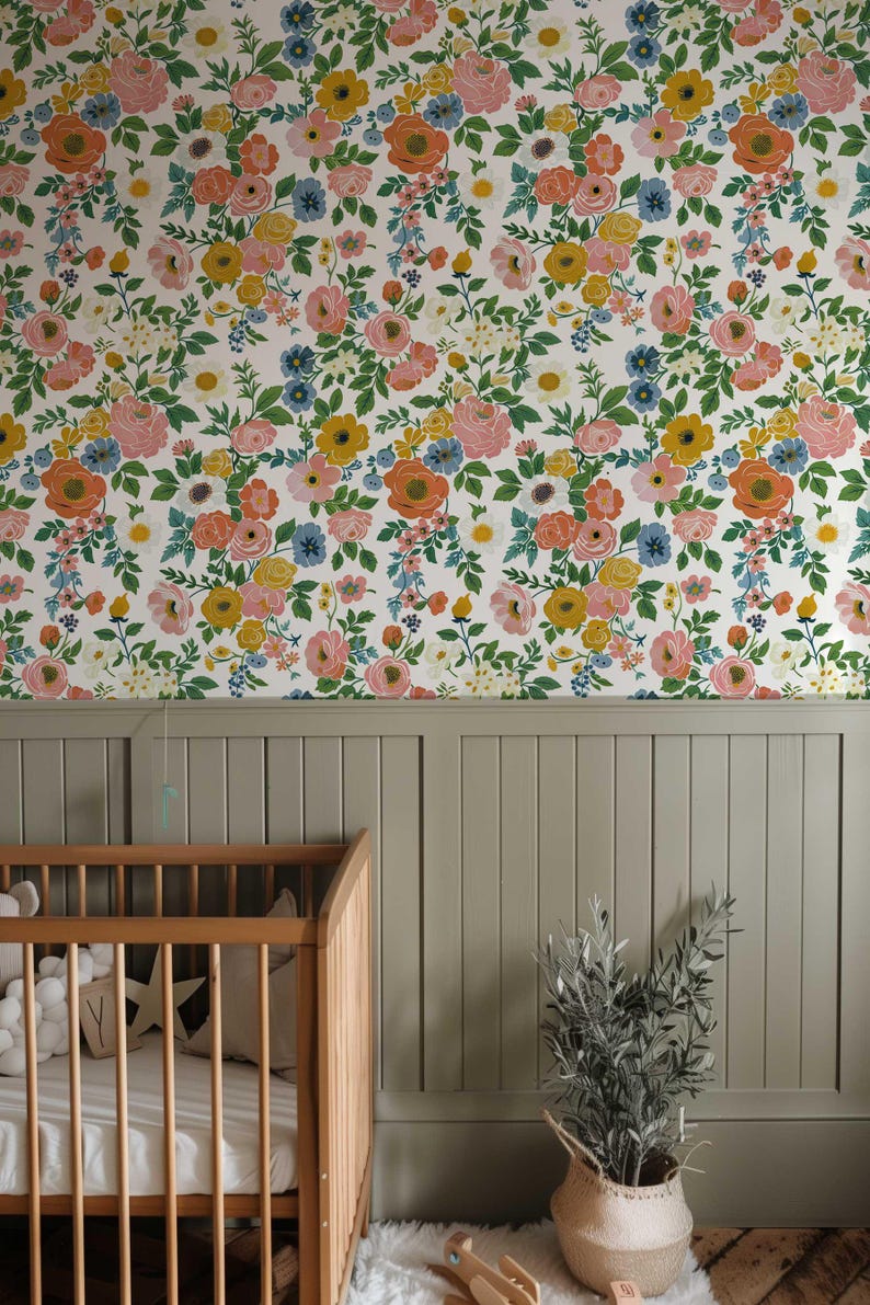Bright and cheerful wallpaper showcasing a summer flower garden with vibrant roses, perfect for brightening up any room.