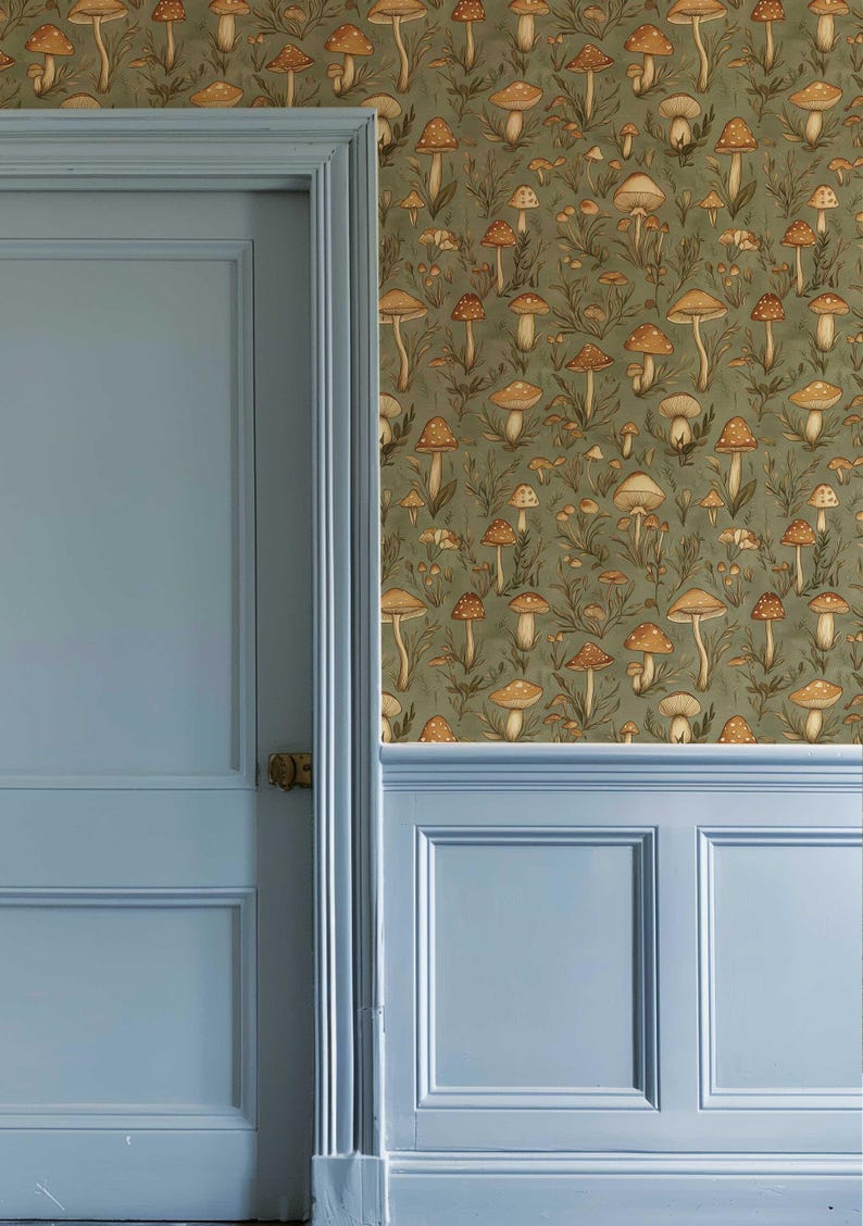 Vintage Mushroom Wallpaper, Retro Forest Mural, Peel and Stick Wallpaper, Botanical Wallpaper, Removable Woodland Wallpaper NF023 image 8