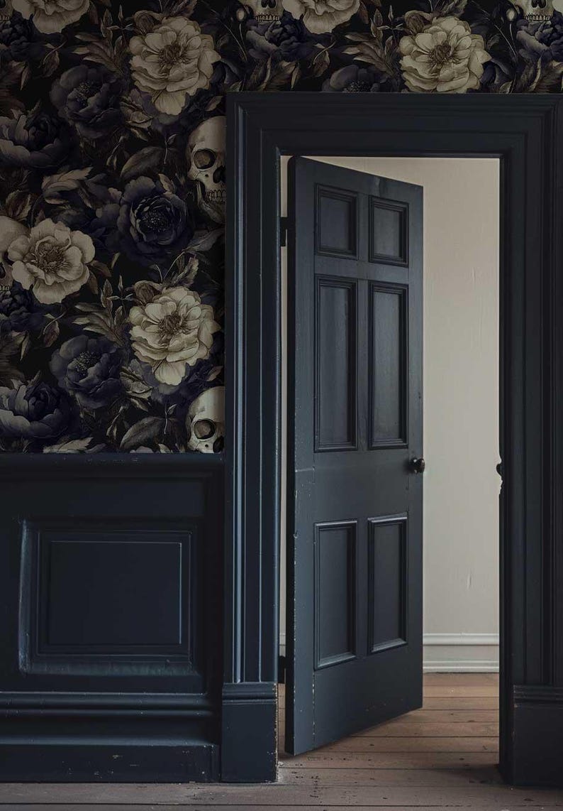 Dark Floral Skull Wallpaper Mural, Gothic Peel and Stick or Traditional