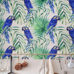 Removable Wallpaper, Palm leaf Wallpaper, Self-adhesive Parrot Wallpaper, Tropical Wall Décor, Jungle Wallcovering JW053 image 1