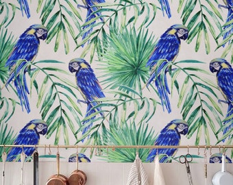 Removable Wallpaper, Palm leaf Wallpaper,  Self-adhesive Parrot Wallpaper, Tropical Wall Décor, Jungle Wallcovering - JW053