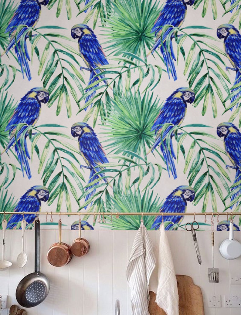 Removable Wallpaper, Palm leaf Wallpaper, Self-adhesive Parrot Wallpaper, Tropical Wall Décor, Jungle Wallcovering JW053 image 1